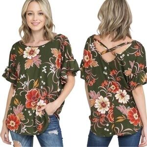 Story Teller Floral Print Top Short Ruffle Sleeve Criss Cross Back Blouse